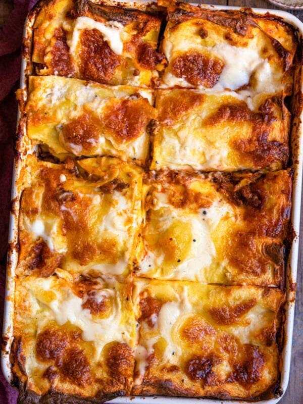 Overhead shot of lasagne al forno in a baking dish
