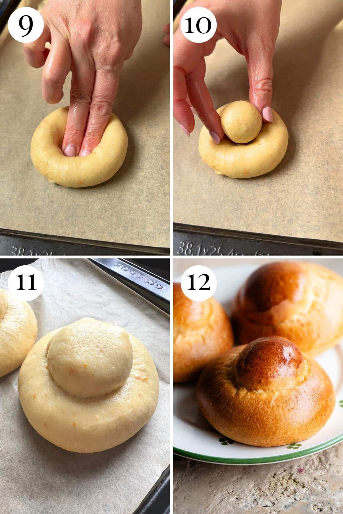Four photos in a collage showing how to shape brioche buns.